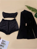 3 Pieces Rhinestone Mesh Tube Top+Blazer+Shorts Sets