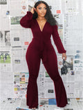 One Piece Long Sleeve Wrap Flare Jumpsuits