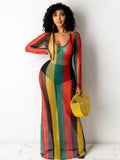 One Piece Multicolor Stripe Fishnet Cover Up Maxi Dresses