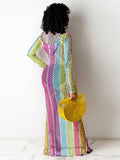 One Piece Multicolor Stripe Fishnet Cover Up Maxi Dresses