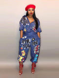 Cartoon Letter Print Button Loose Jumpsuits