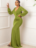 V Neck Long Sleeve Ruched Maxi Dresses