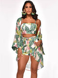 3 Piece Boho Leaf Print Crop Top+Cardigan+Shorts Sets