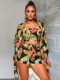 3 Piece Boho Leaf Print Crop Top+Cardigan+Shorts Sets