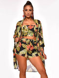 3 Piece Boho Leaf Print Crop Top+Cardigan+Shorts Sets