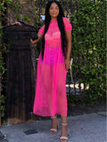 Solid Color Sheer Mesh Ruched Maxi Dresses Cover Up