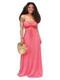 2 Pieces Strapless Crop Top+Solid Color Maxi Dresses