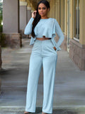 Two Piece Long Sleeve Ruffle Crop Tops & Long Pants