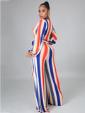 Long Sleeve Multicolor Stripe Wide Leg Jumpsuits with Belt