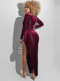 Velvet Long Sleeve Irregular Split Maxi Dress