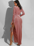 Velvet Long Sleeve Irregular Split Maxi Dress