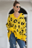 Leopard V Neck Frayed Sweater