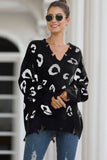 Leopard V Neck Frayed Sweater