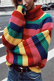 Rainbow Striped Turtleneck Oversized Pullover