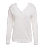 Solid Color Lace V Neck Simple Sweater