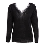 Solid Color Lace V Neck Simple Sweater