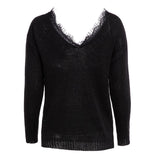 Solid Color Lace V Neck Simple Sweater