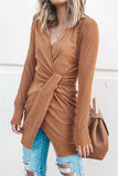 Solid Color V Neck Wrap Sweater Dress