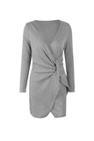 Solid Color V Neck Wrap Sweater Dress