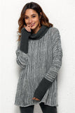 Spliced Turtleneck Loose Pullover Sweater - Brown