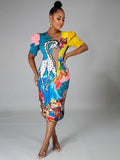 Short Sleeves Figure Print Bodycon Midi Dresses