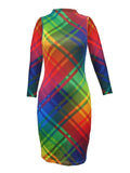 Long Sleeve Tie Dye Grid Print Midi Dress