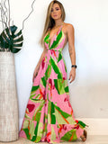 Halter Neck Backless Floral Print Maxi Dressses