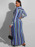 Long Sleeve Striped Lace Up Maxi Dresses