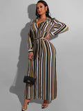 Long Sleeve Striped Lace Up Maxi Dresses