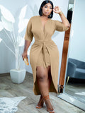 Plus Size V Neck Ruched Cloak Midi Dresses