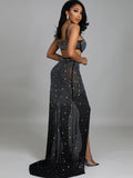 Rhinestone Spaghetti Strap High Split Maxi Dress