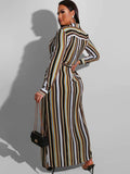 Long Sleeve Striped Lace Up Maxi Dresses