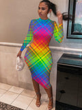 Long Sleeve Tie Dye Grid Print Midi Dress