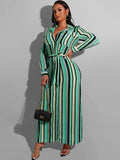 Long Sleeve Striped Lace Up Maxi Dresses