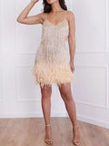 Sleeveless Tassels Sequins Feather Hem Mini Dresses