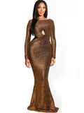 Glitter Long Sleeves Mesh Fishtail Maxi Dresses