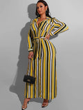 Long Sleeve Striped Lace Up Maxi Dresses