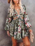 Fashionable Floral Low V Neck Back Lace Up Waist Cutout Pleated Dress