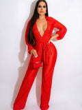 Long Sleeves Pleated Belted Jumpsuits