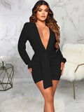 V Neck Long Sleeve Ruched Bodycon Midi Dresses