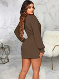 V Neck Long Sleeve Ruched Bodycon Midi Dresses