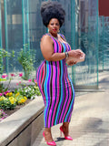 Sleeveless Striped Color Block Maxi Dresses with Belt