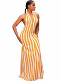 Striped Halter Neck Backless Maxi Dresses