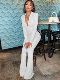 Long Sleeve V Neck Solid Bodycon Jumpsuits