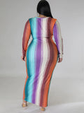 Plus Size Long Sleeve Color Block Maxi Dresses