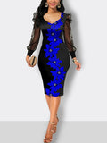 Mesh Long Sleeve Floral Bodycon Midi Dresses