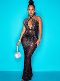 Rhinestone Mesh Backless Bodycon Maxi Dresses