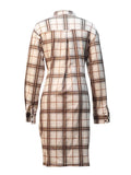 Long Sleeve Plaid Print Ruched Midi Dresses