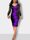 Mesh Long Sleeve Floral Bodycon Midi Dresses