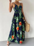 Spaghetti Strap Leaf Print Maxi Dresses